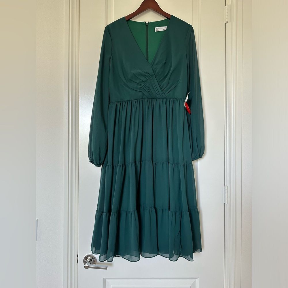 Mac Duggal Emerald Green Long Sleeve Tiered Midi Dress - Picture 6 of 11